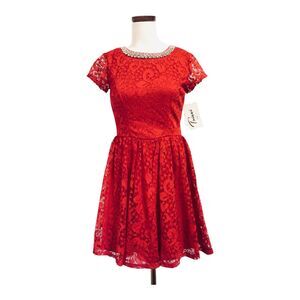NEW Red Lace Y2K Open Back Fairy TRIXXI Rhinestone Party Cocktail Dress Sz 3